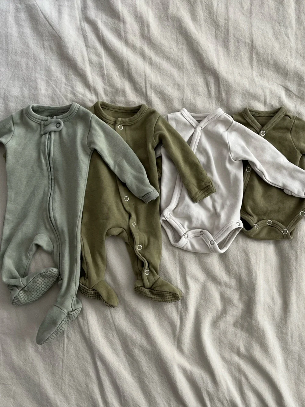 Lot of 4 L'ovedbaby Olive Green Snap-Front Footed and Short Sleeve One-Pieces